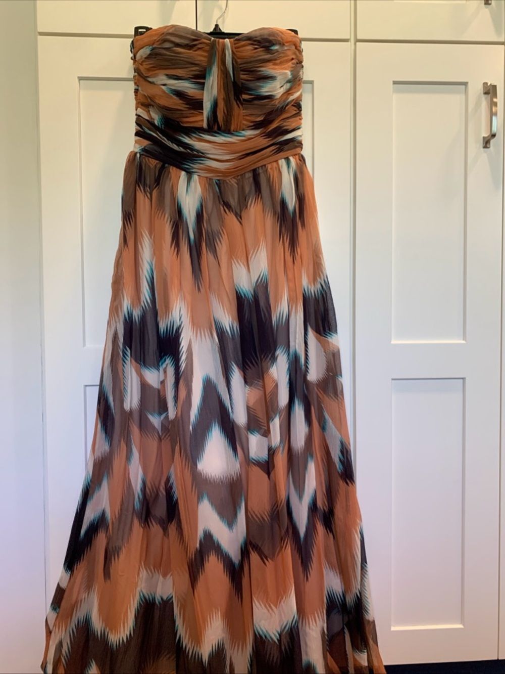 Multicolor Strapless Dress 28” Waist Maxi Feathered Design Ruched Fit And Flare
